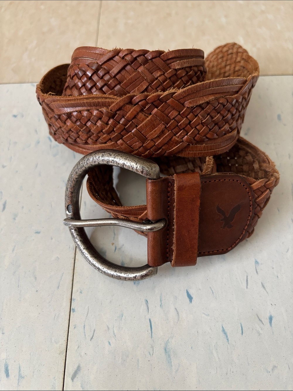 American Eagle Outfitters Braided Leather Belt - Brown with Silver Buckle